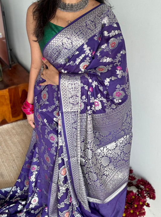 Dark blue meenakari floral pattern in silver zari, Banarasi katan dupion silk - YCDESE12