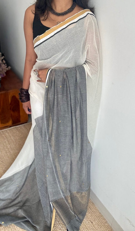 Ivory with dark grey with sequins and antique gold zari border, mul cotton - YCONBCM240