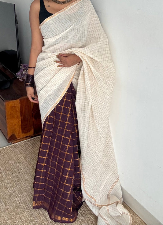 Ivory with brown, sungudi cotton half-half saree - YCCOTNMSFE371