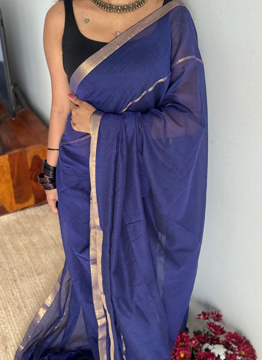 Dark blue mul, antique gold zari, gap border pattern - YCBCMCGZSE73