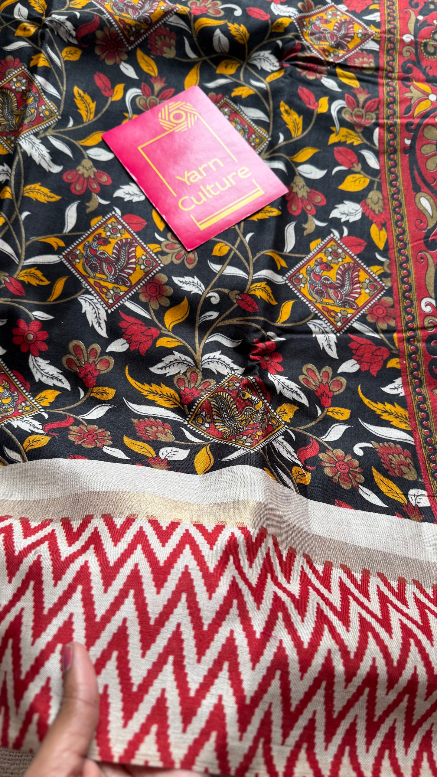 Black and red, printed kalamkari, semi-tussar - YCWOTDSTK02