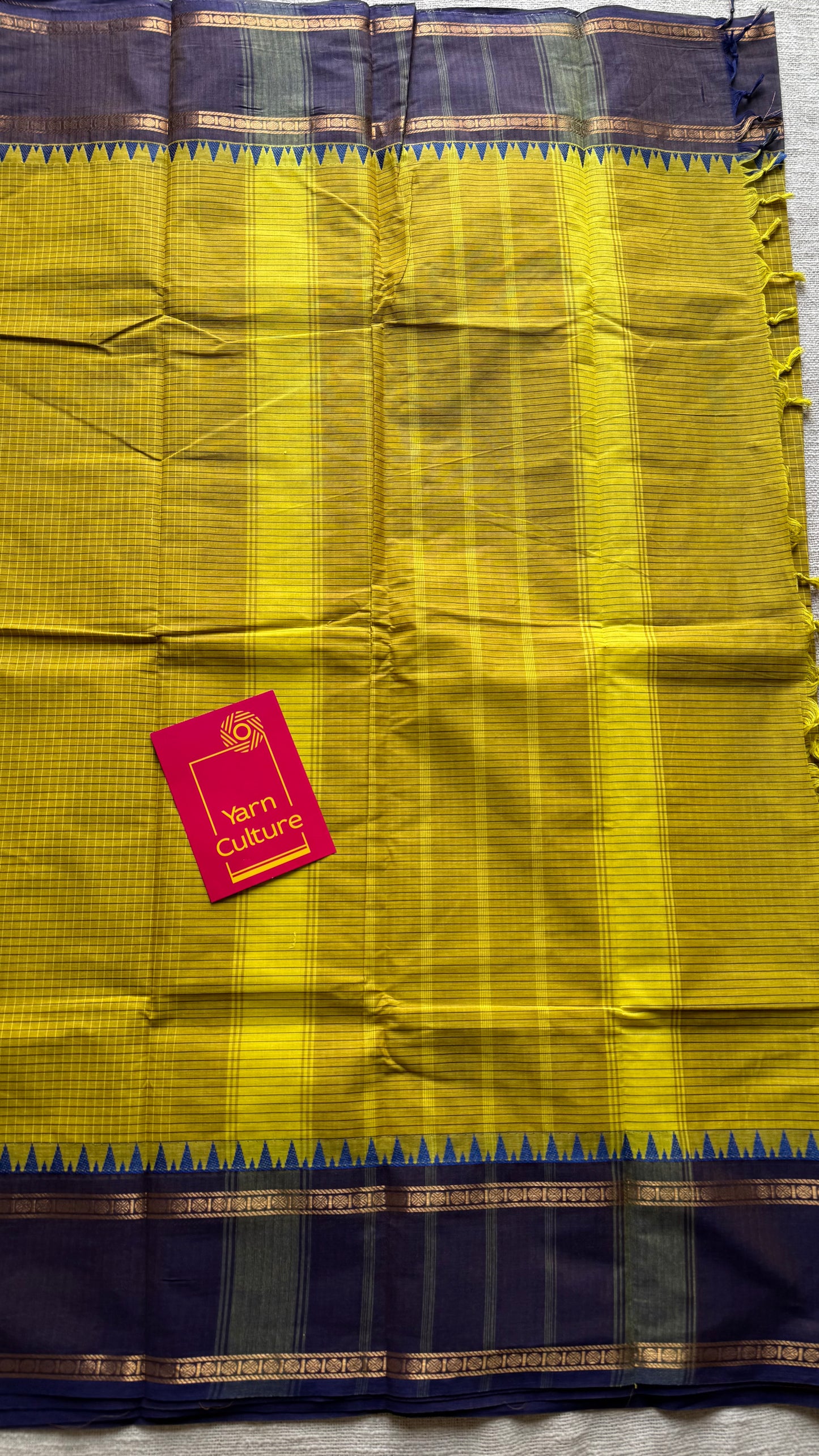 Ginger green with deep purple border, temple motifs, checkered body, kanchi cotton - YCCOTNOCKC28