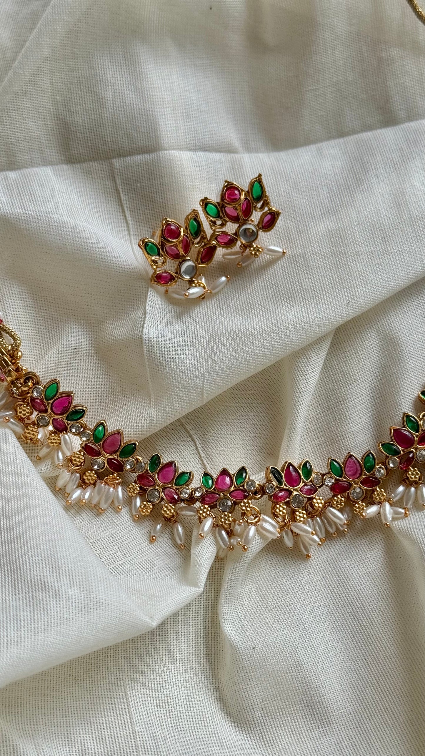 Pink and green lotus necklace with rice pearl drops and earrings - YCAGC133