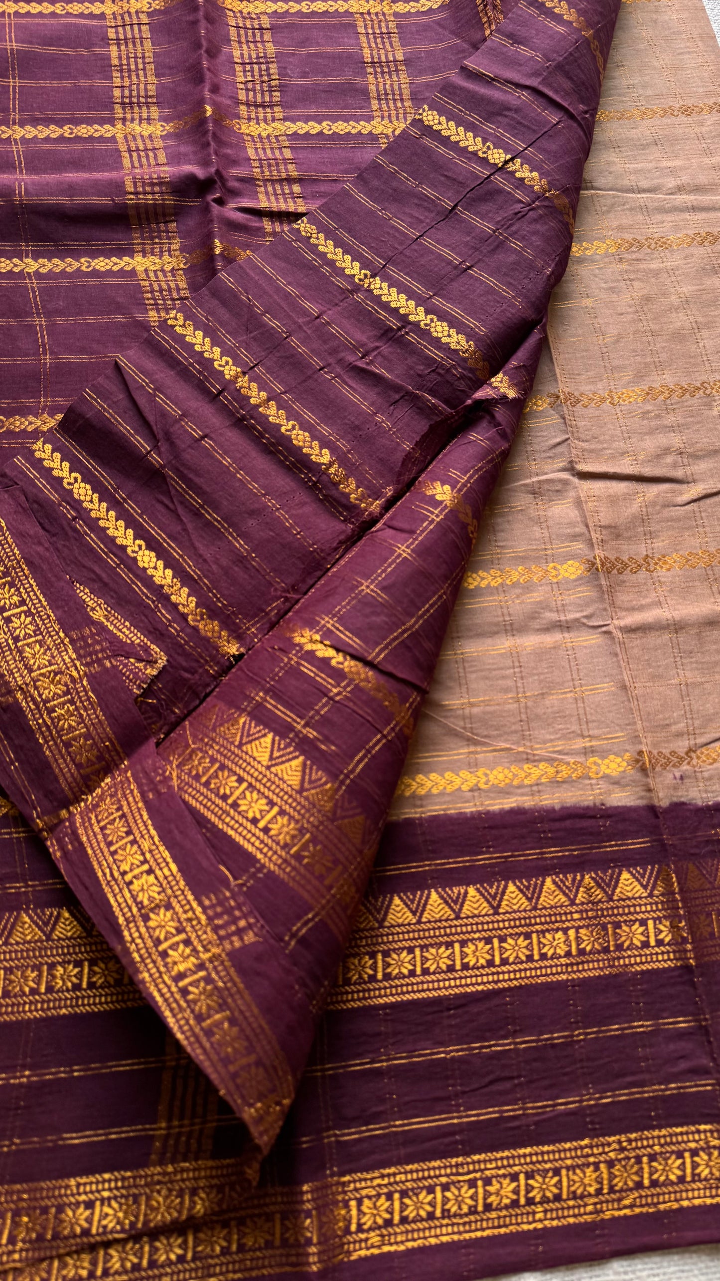 Light brown with maroon, Adayar checks with velthaari pattern, madurai cotton - YCCOTNOCSC07