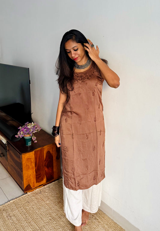 Light brown muslin chikankari with bakhiya work, stitched kurta, round neck, sleeveless - YCSECKJA170