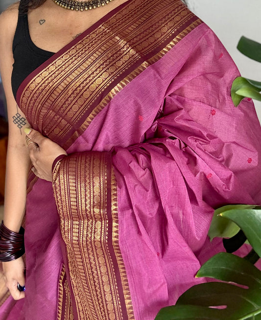 Berry pink with maroon zari border chettinad cotton saree - YCCOTNCKSE13