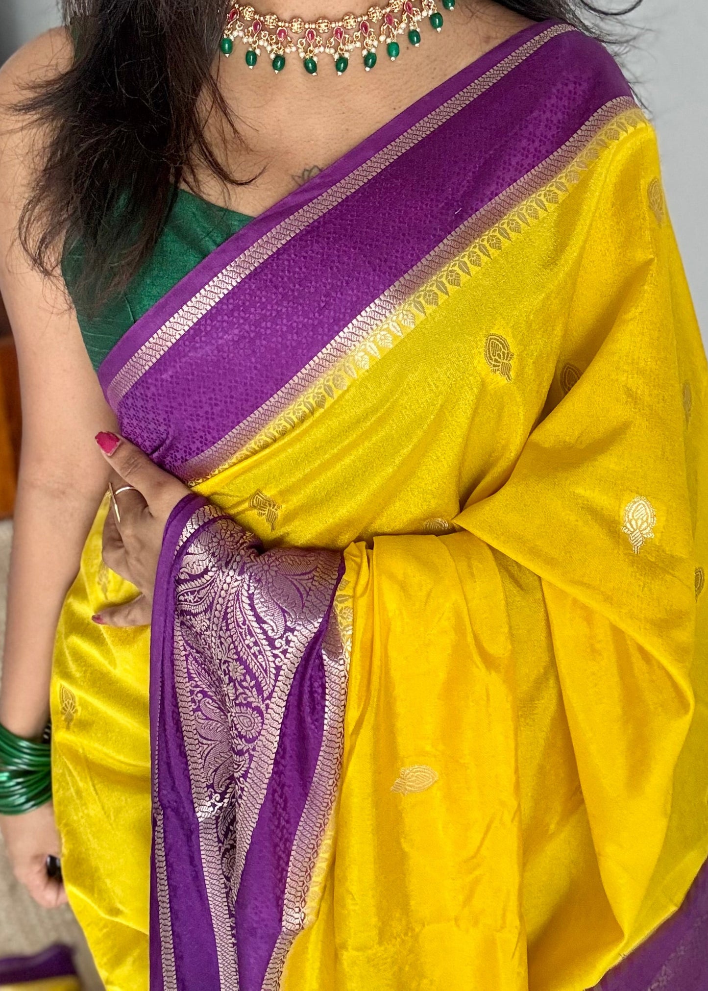 Yellow with purple border, Banarasi semi-silk - YCDESE03