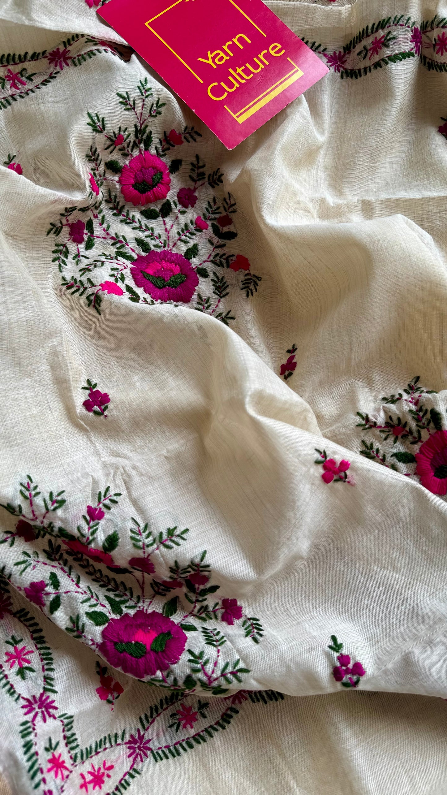 Ivory maheshwari cotton silk blend with purple and magenta floral kantha threadwork - YCBLAUMK08