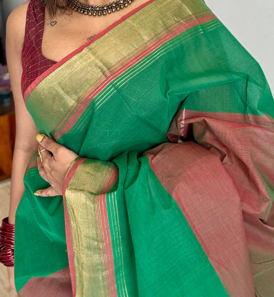 Light brown and green Chettinad cotton saree with antique gold zari border - YCCOTNCCFE155