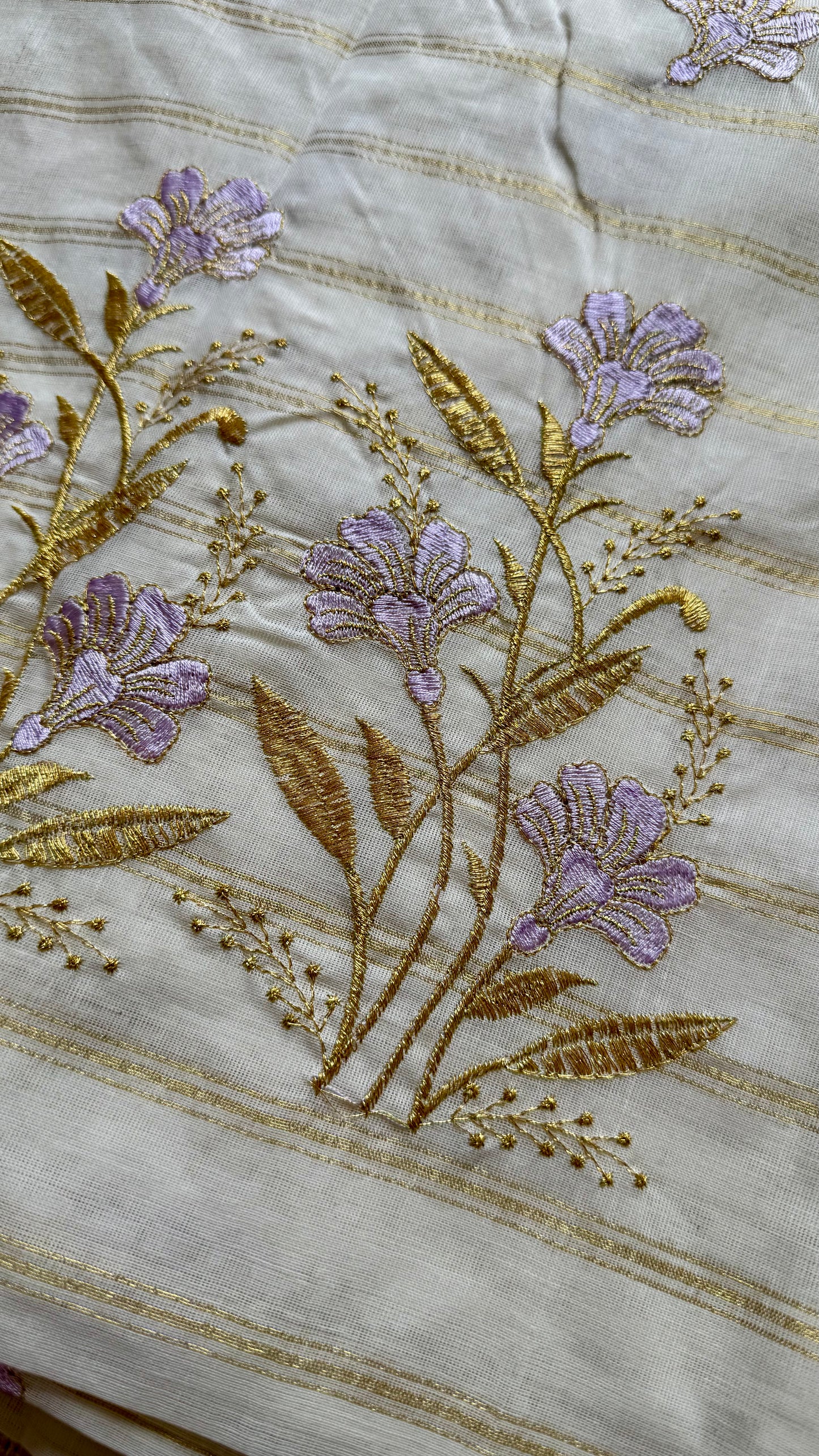 Ivory and gold with lavender flower embroidery, striped zari, kerala cotton - YCON25KCSFE261