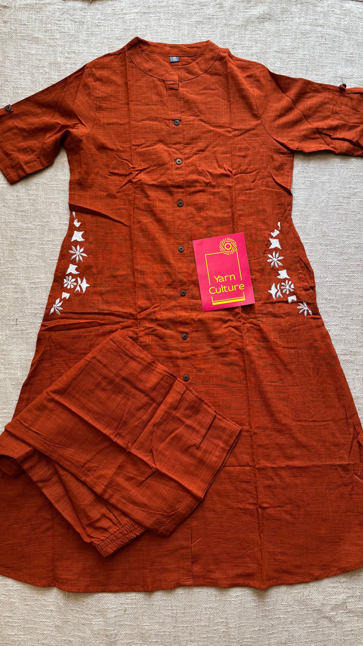 Orange cotton collared stitched kurta co-ord set, elbow sleeves - YCSEBPSFE242