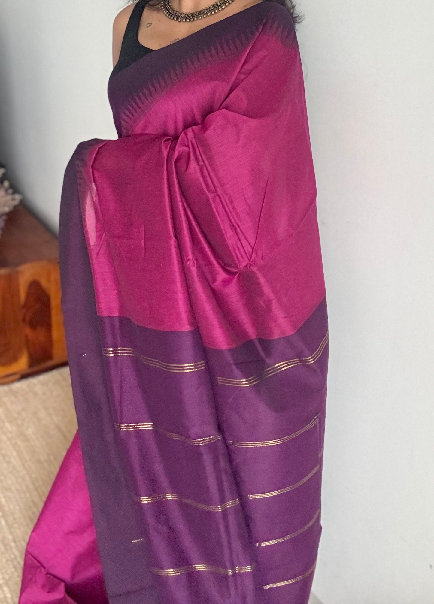 Raspberry pink with purple temple border - cotton silk - YCCOTNOCKCS6