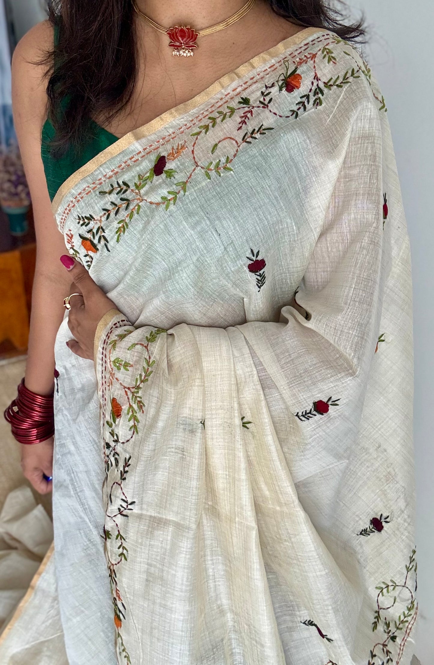 Ivory maheshwari cotton silk blend with deep maroon and orange floral kantha threadwork - YCBLJULMK04