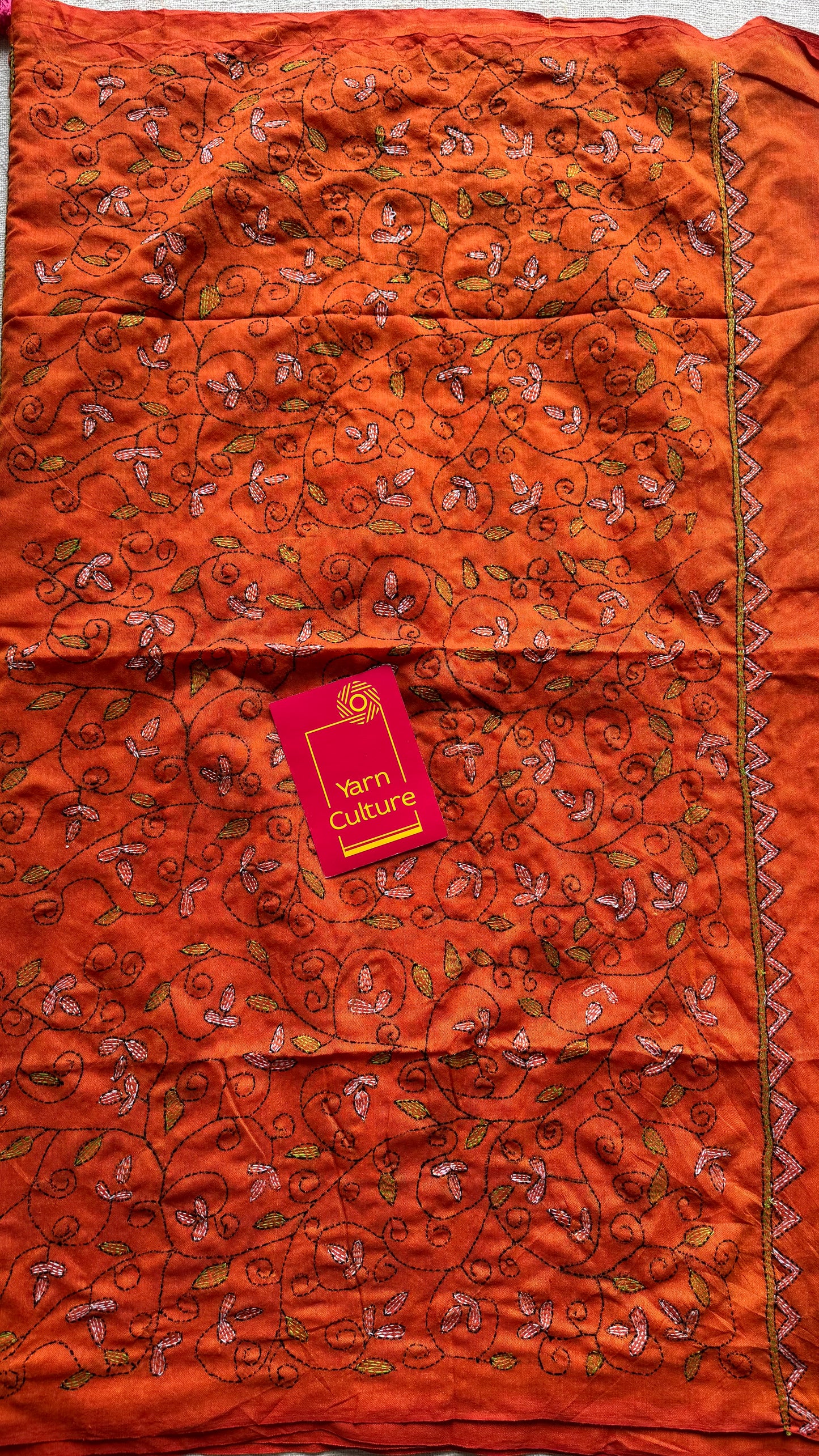 Shondhya Alo (সন্ধ্যা আলো) - Evening Light, orange kantha weave in soft khadi cotton - YCBCSEKC07