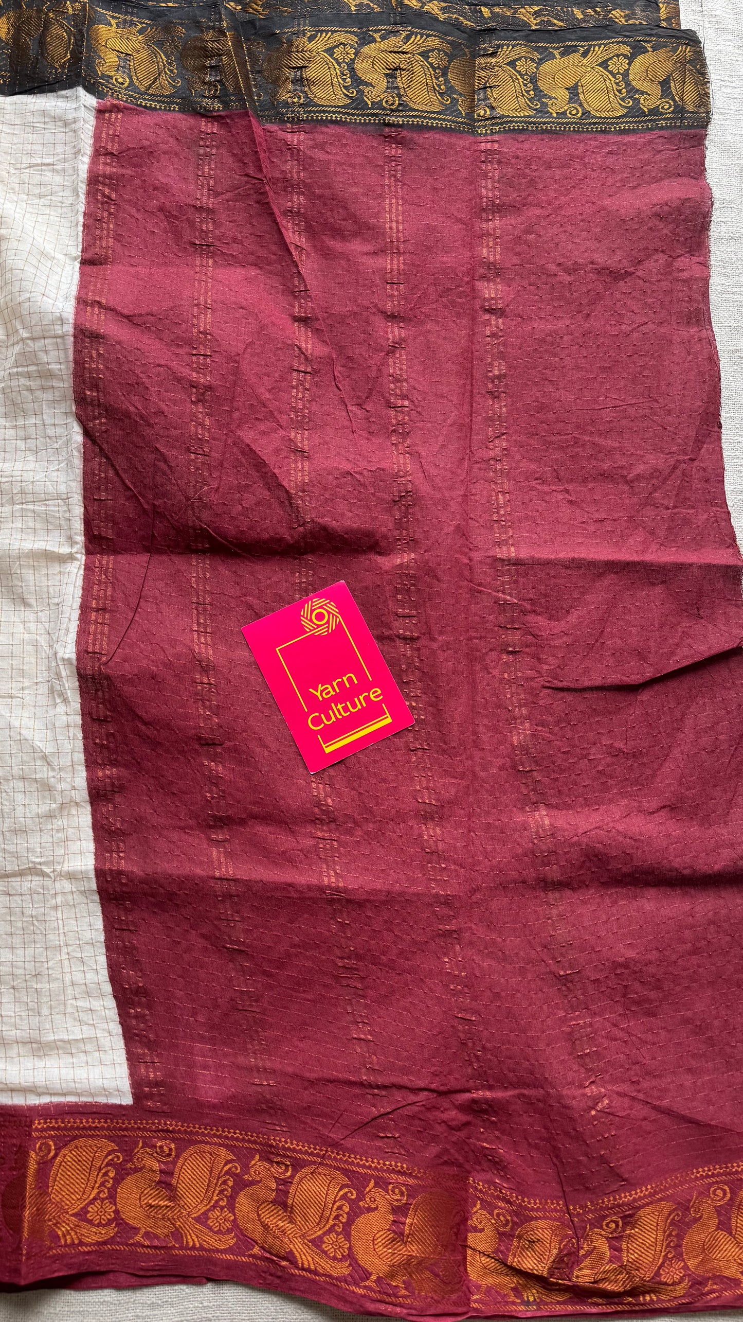 Sungudi cotton checks, ivory gold base, black and maroon dual tone border, soft cotton - YCCOTNAUS35