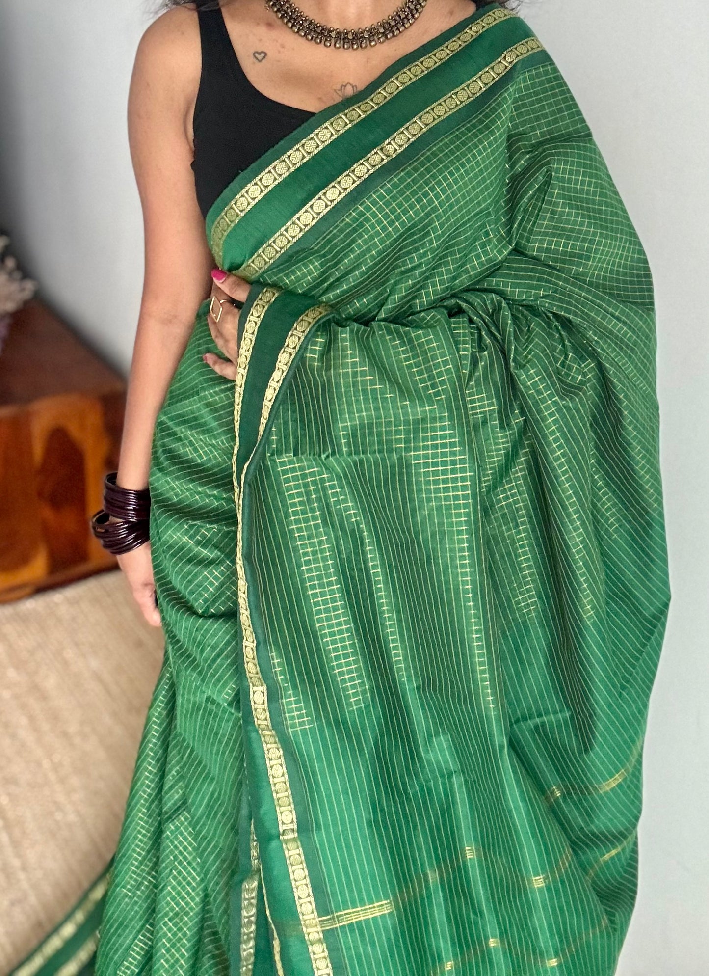 Dark green, arani checks, cotton silk - YCCOTNOCAR12