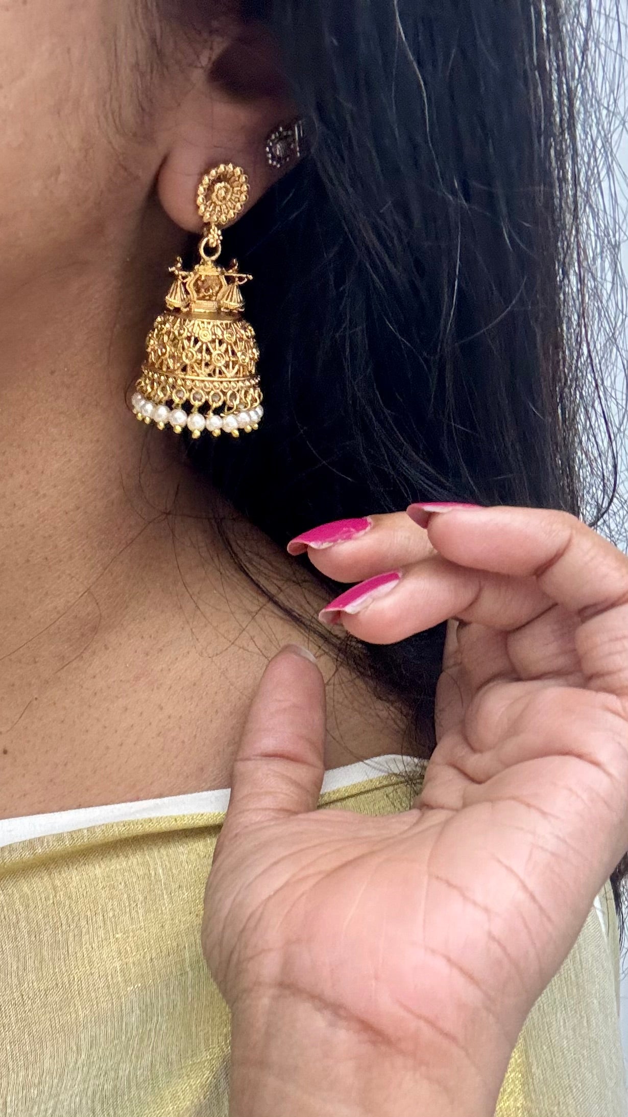 Floral top jhumka with pearl drops, antique gold - YCAGJK91