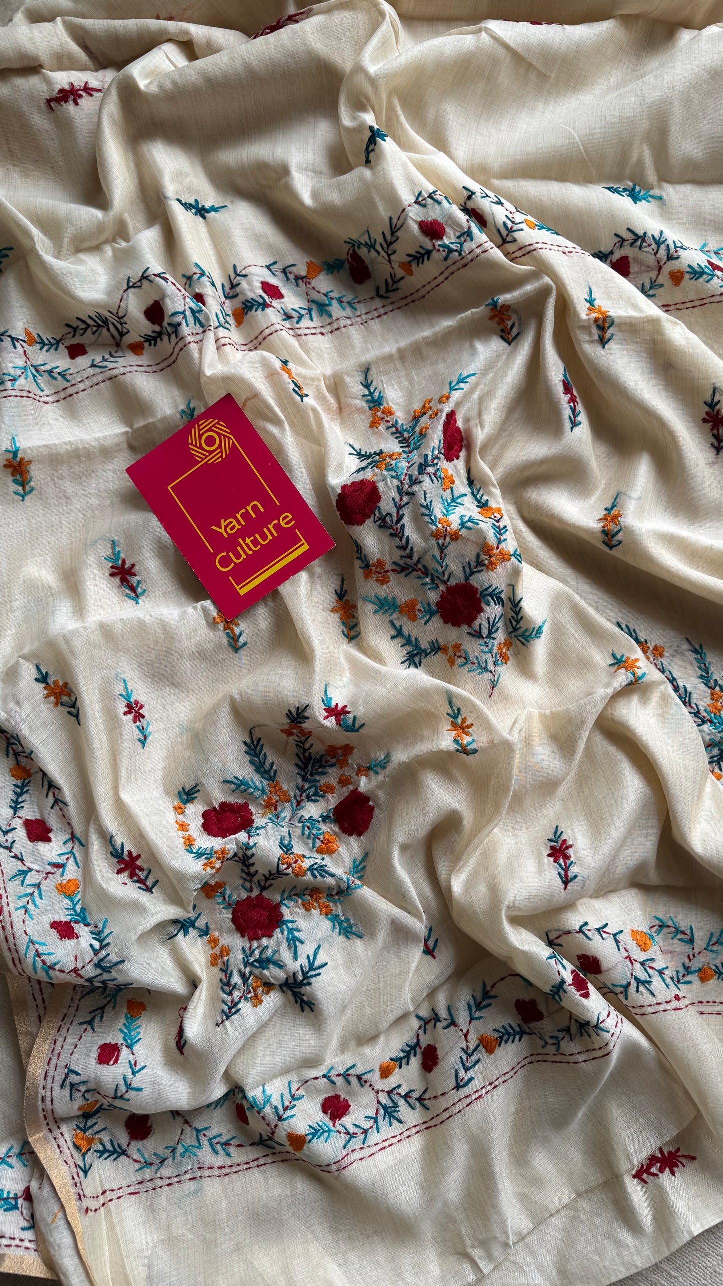 Ivory maheshwari cotton silk blend with red and blue floral kantha threadwork - YCBLJULMK03