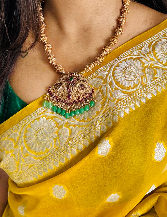 Ruby green peacock pendant neckpiece, with earrings - YCGPNP630