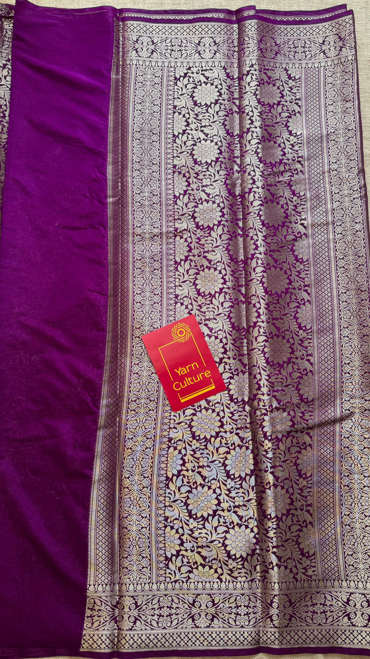 Bright purple meenakari floral pattern in silver zari, Banarasi katan dupion silk - YCDESE10