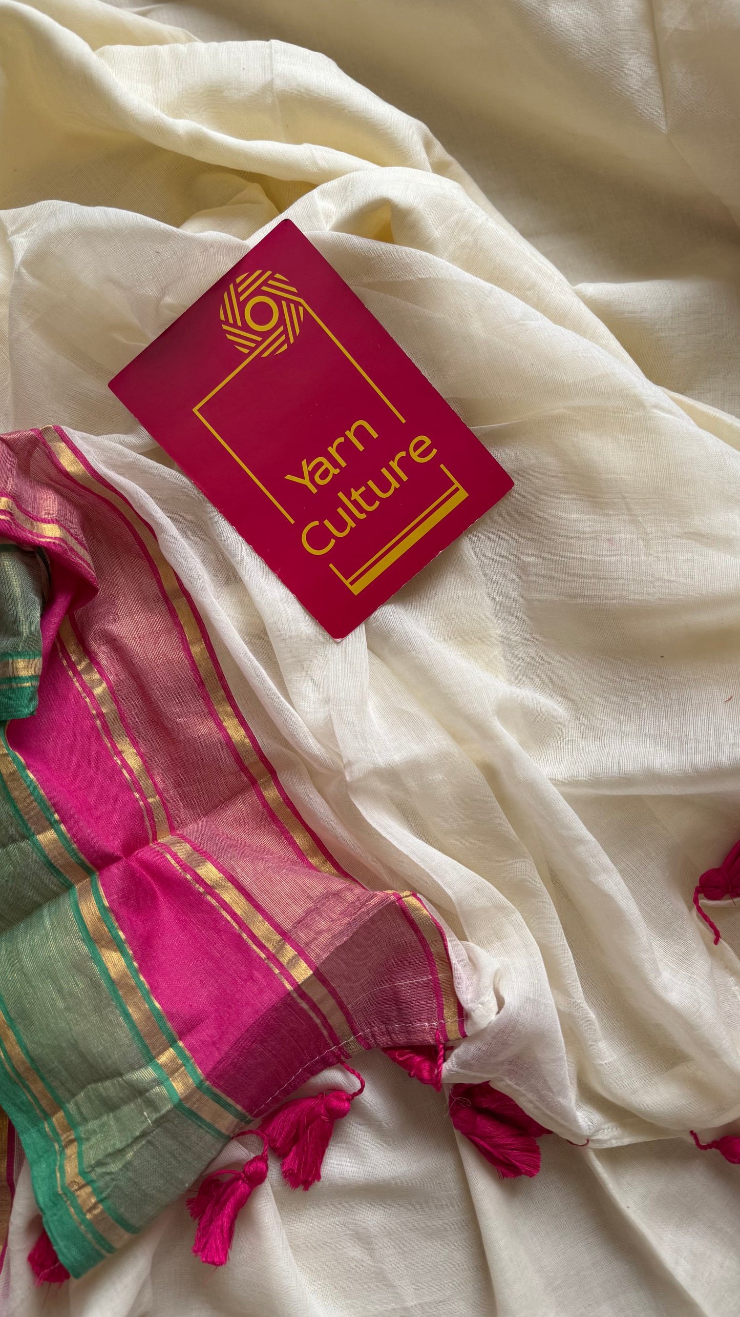 White mul with hot pink, green zari plain border - YCBCMCLSE50