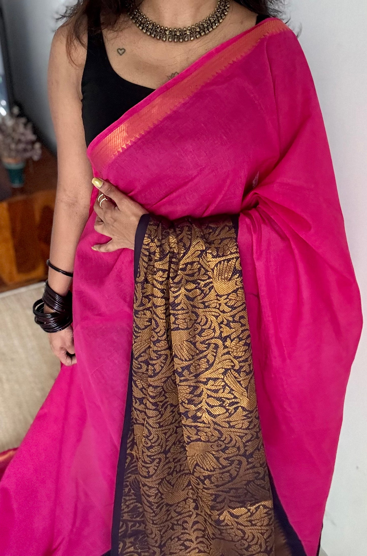 Hot pink with dark blue vanasringaram long border - madurai soft cotton - YCCOTNSEMS73