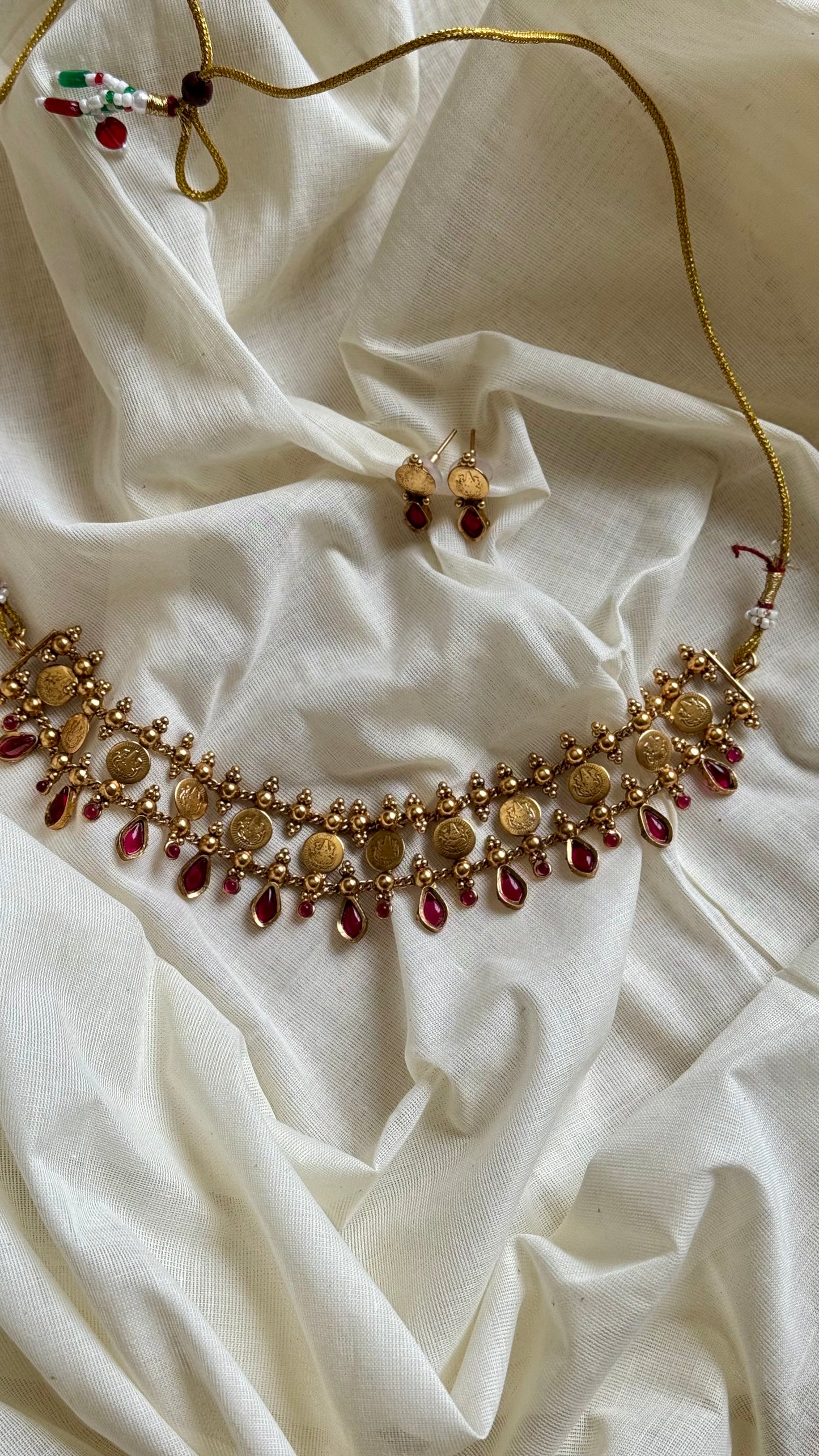 Double layer coin necklace with red stones - YCAGC78
