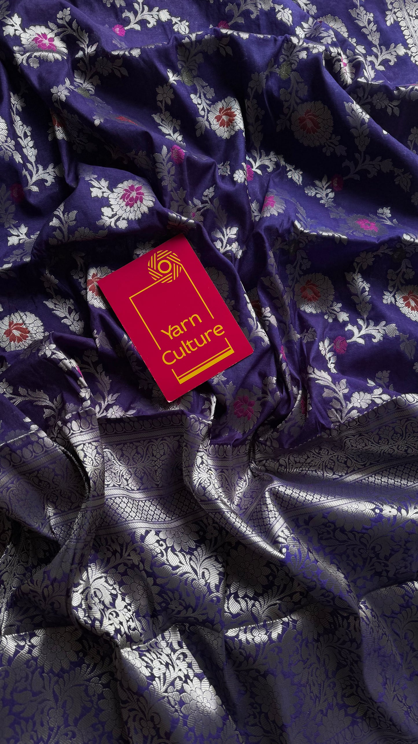 Dark blue meenakari floral pattern in silver zari, Banarasi katan dupion silk - YCDESE12
