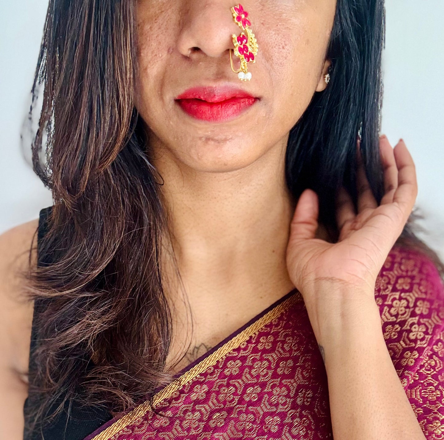 Gold plated, ruby coloured stone, clip on Maharashtrian nath - YCGPNC202