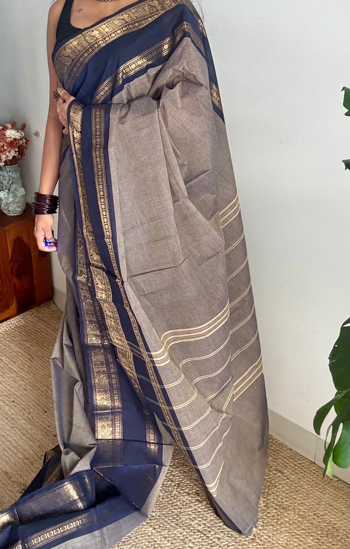 Grey with dark blue gap zari border, kanchi cotton saree - YCCOTNCCOC116