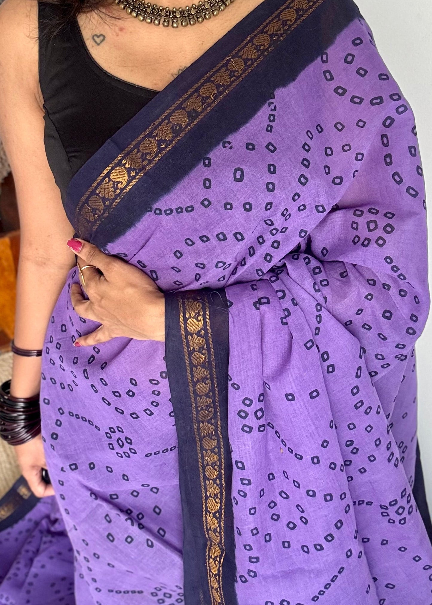 Purple with dark blue, printed sungudi, madurai cotton - YCCOTNOCSC17