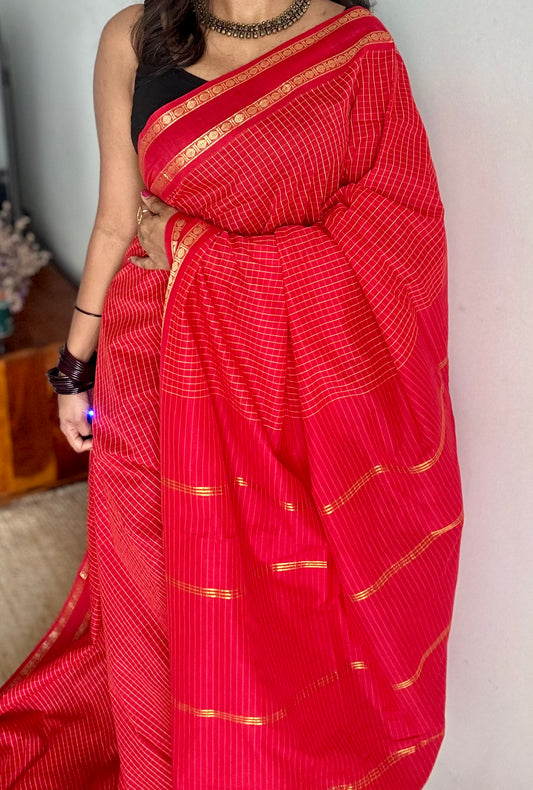 Red, arani checks, cotton silk - YCCOTNOCAR06