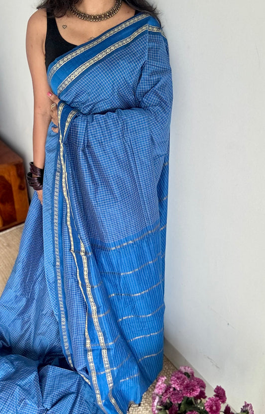 Peacock blue, arani checks, cotton silk - YCCOTNJUAR13