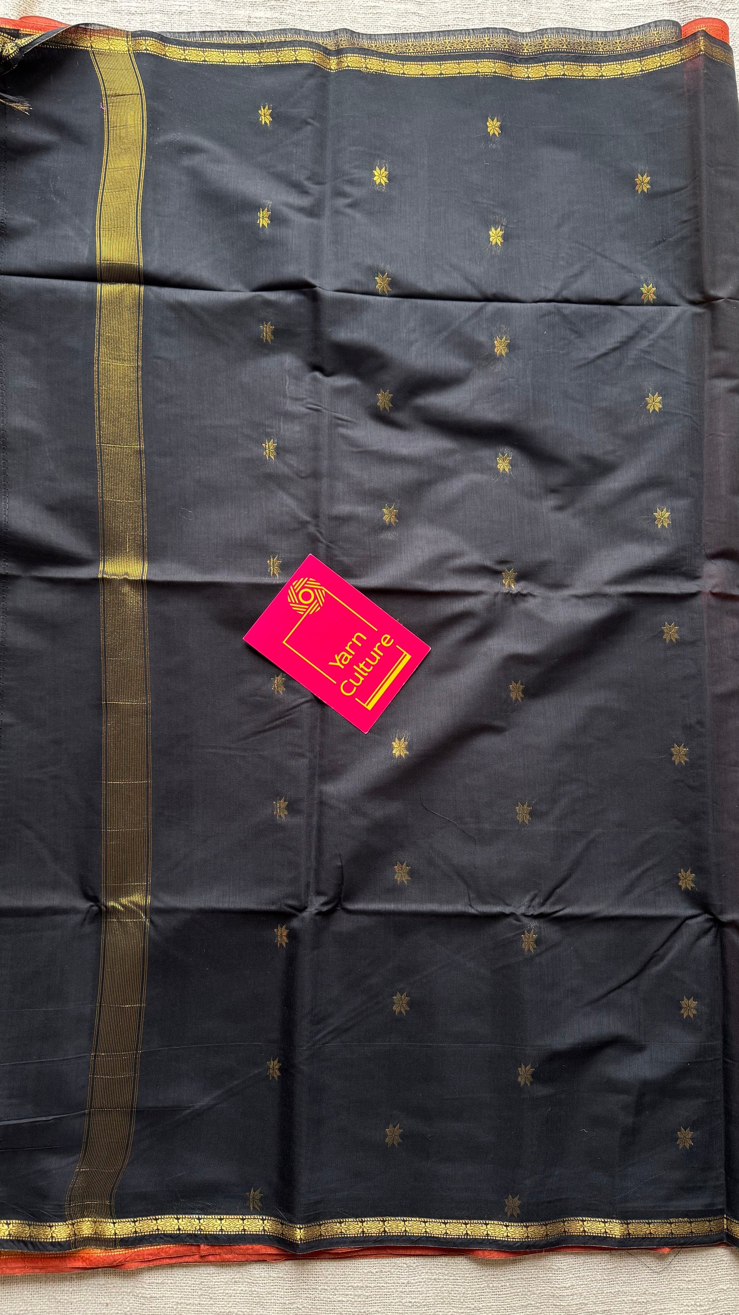 Orange with black, gold buttas, semi maheshwari cotton silk - YCCOTNFEJUSM01