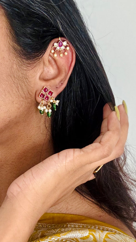 Bugadi clip-on (non pierced), ruby, white stones and pearls - YCAGEBU276