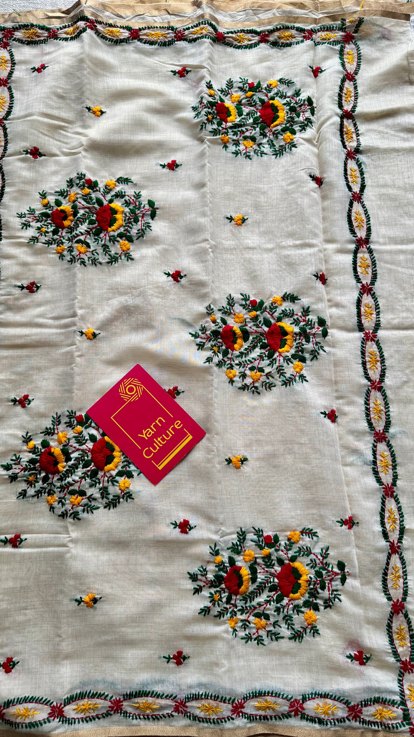 Ivory maheshwari cotton silk blend with red and yellow floral kantha threadwork - YCBLAUMK12