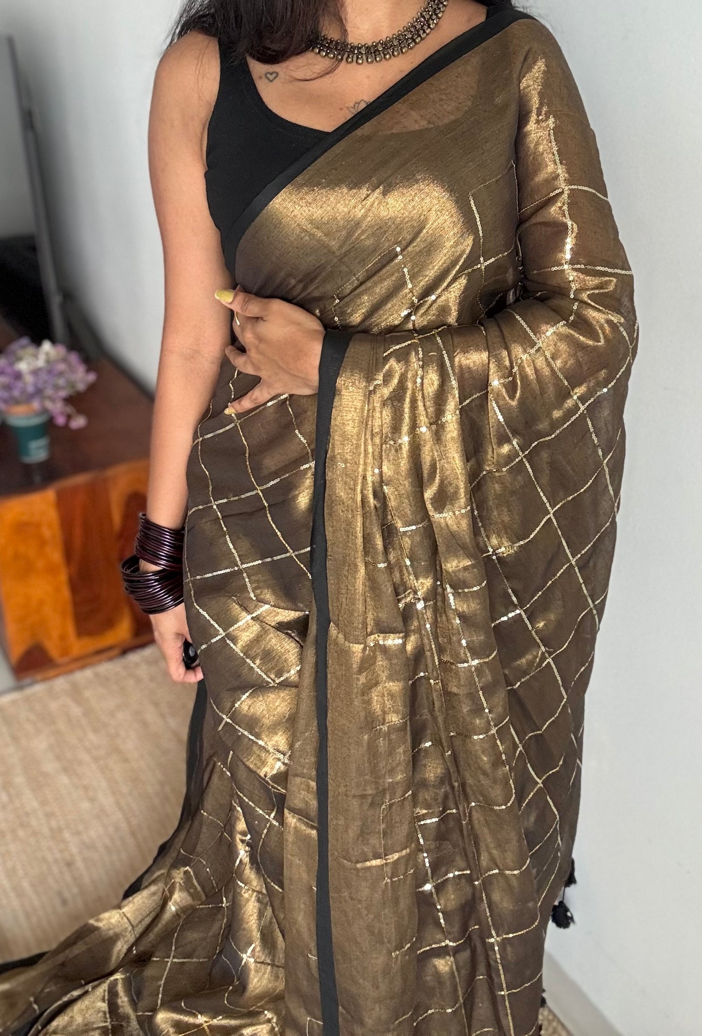 Bronze with black border, checkered sequins work, mul tissue - YCBCMCJA08