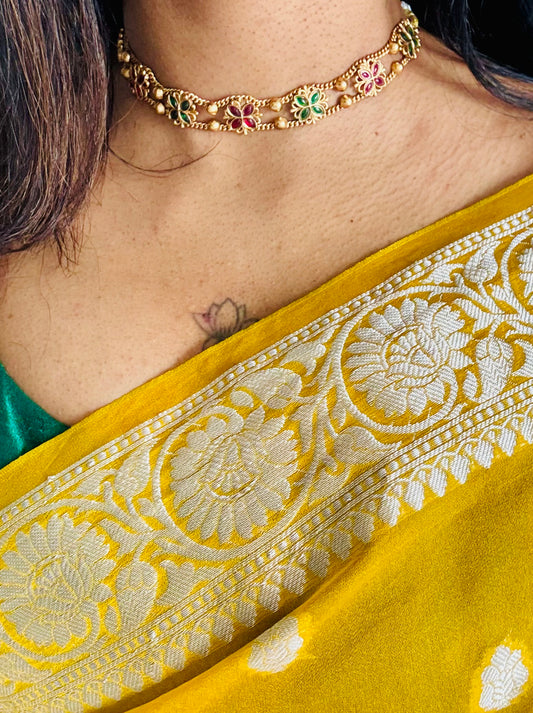 Layered floral ruby green choker with earrings - YCGPNP681