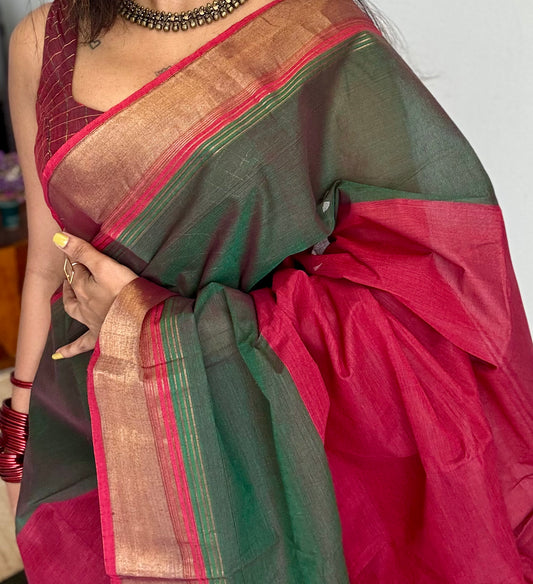 Maroon and green Chettinad cotton saree with antique gold zari border - YCCOTNCCFE152