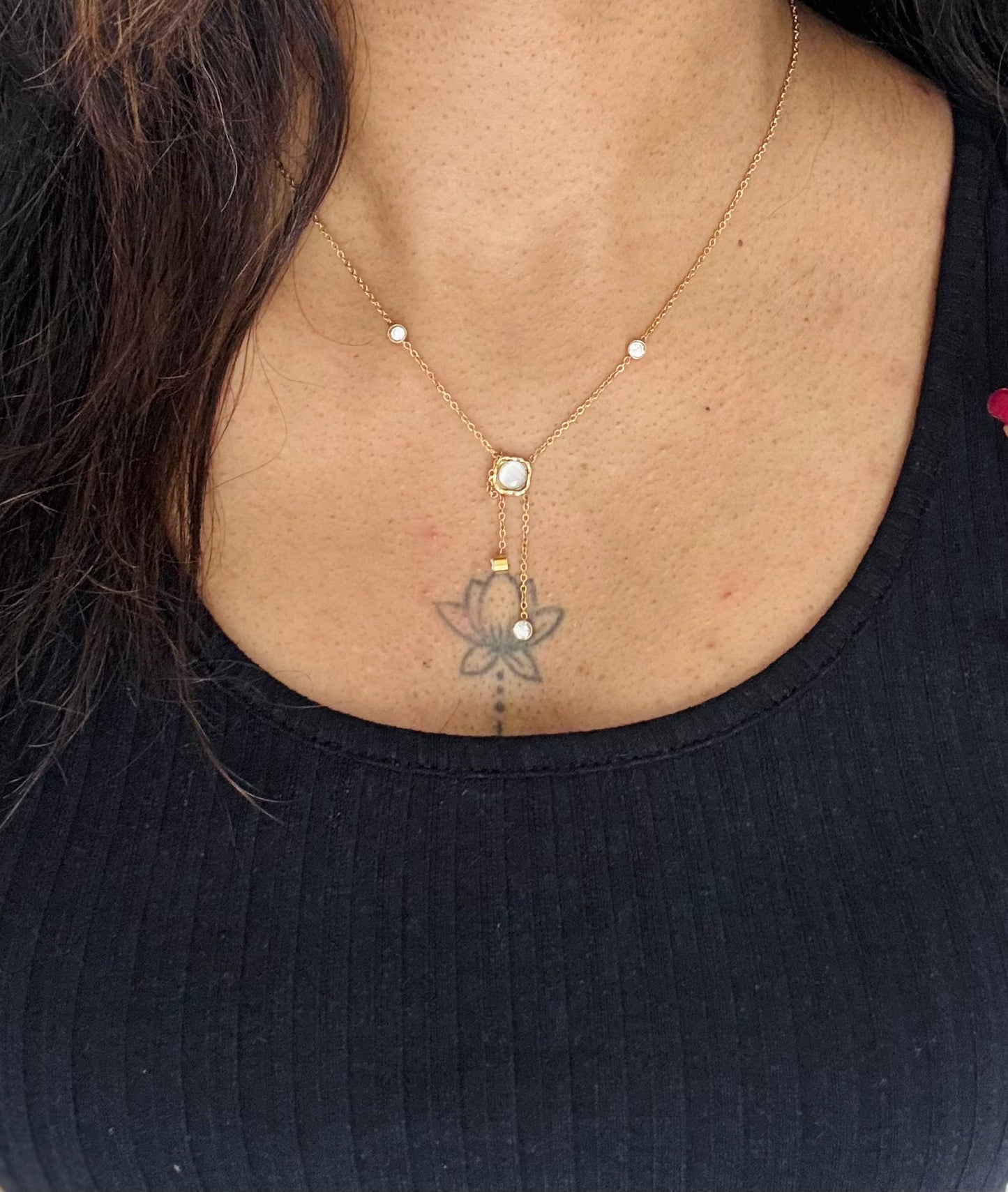 Gold plated chain, grey stone pendant - YCGPC401