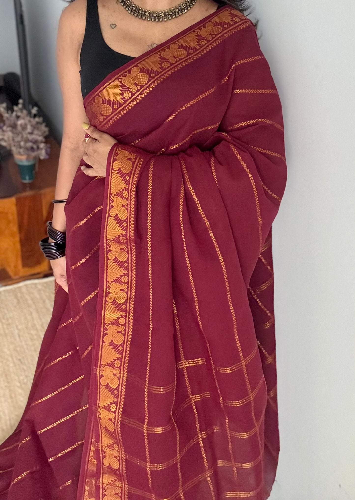 Maroon veldhaari, kattuchayam dyed, madurai cotton - YCCOTNSEMS86