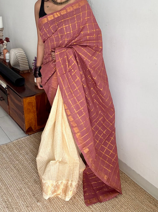 Mauve and ivory, sungudi cotton half-half saree - YCCOTNIDMA300