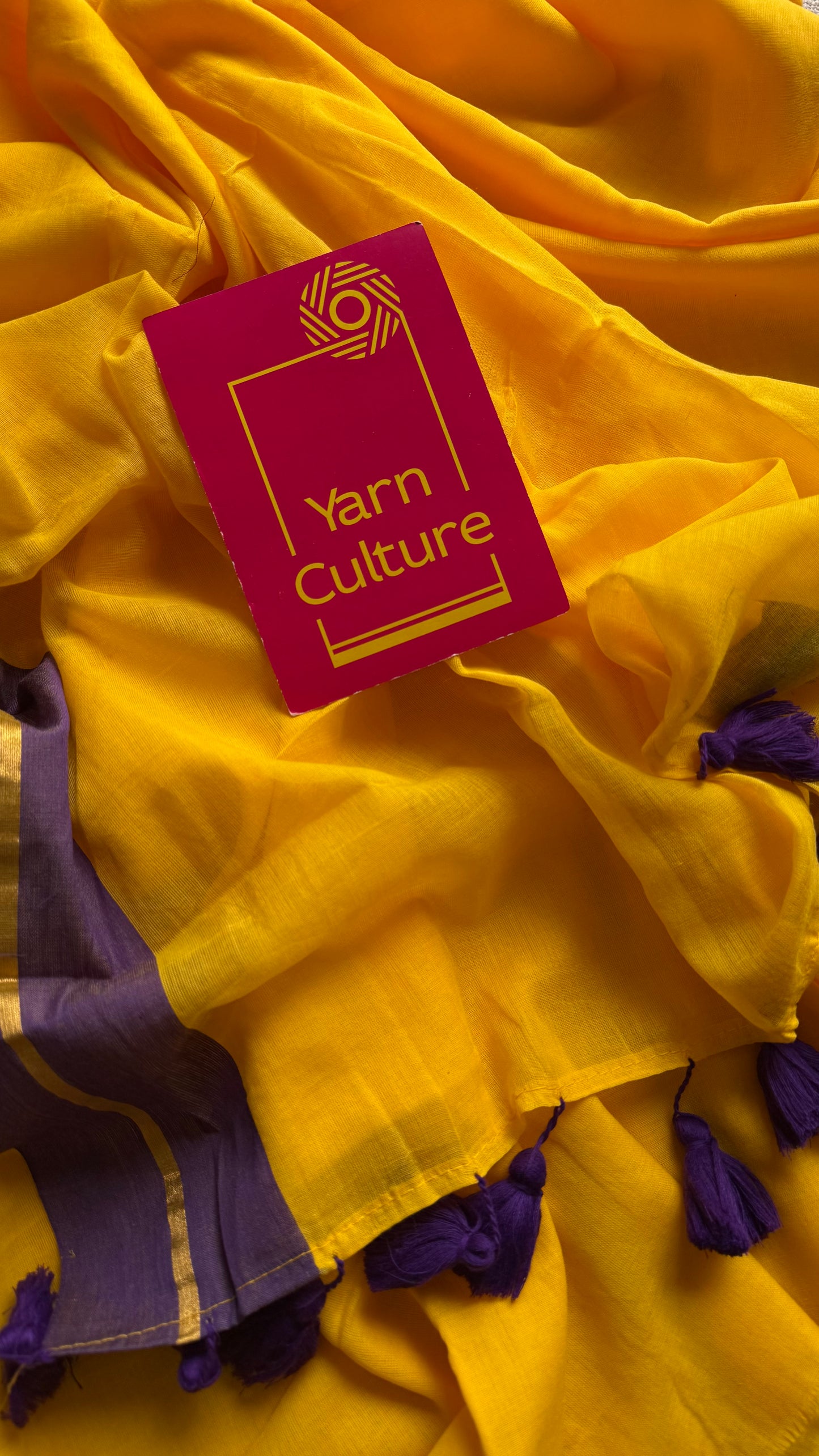Yellow with purple border mul, thin antique gold zari gap border - YCBCMCLSE45