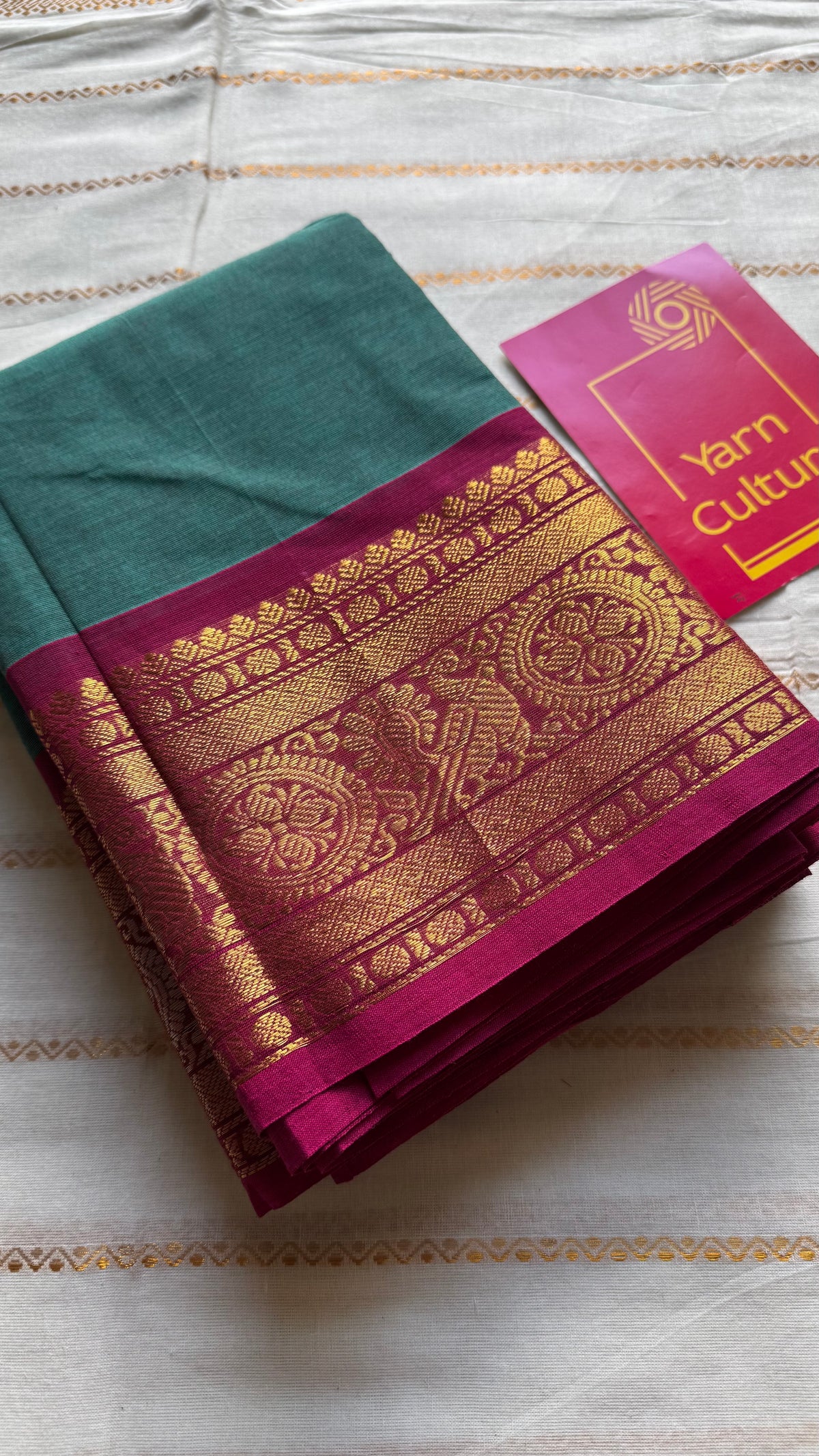 Jade green with ruby pink zari border chettinad cotton saree - YCCOTNCKSE14