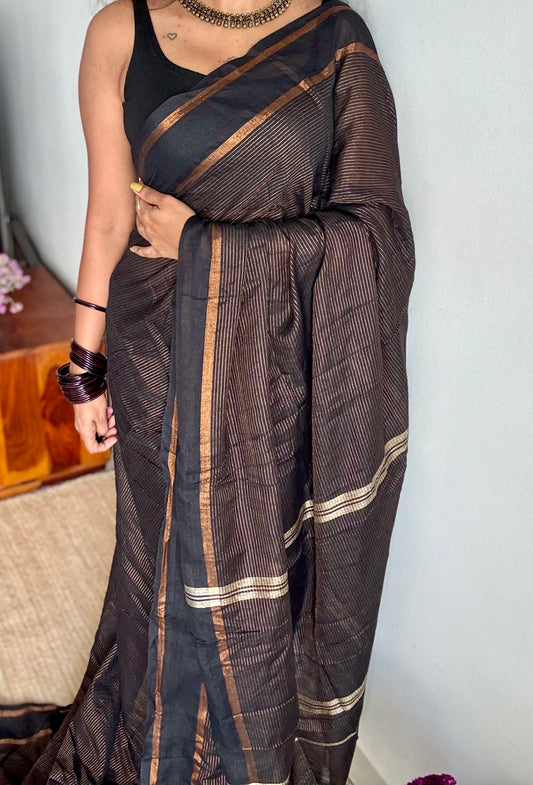 Black, gap border, copper zari stripes, soft cotton - YCBCKCZDE118