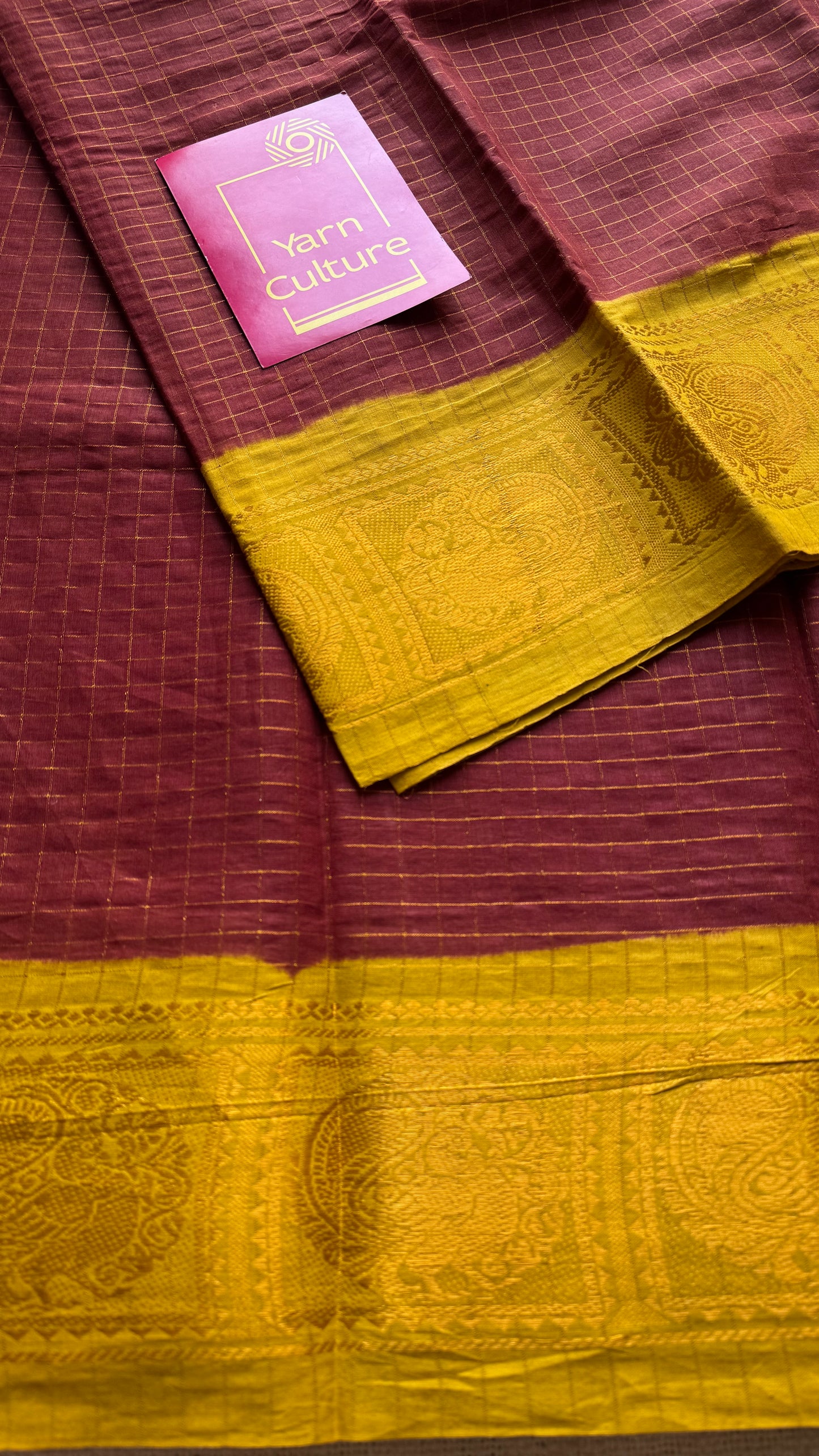 Brown with yellow contrast, zari checkered sungudi, kattuchayam dyed madurai cotton - YCCOTNMSFE333