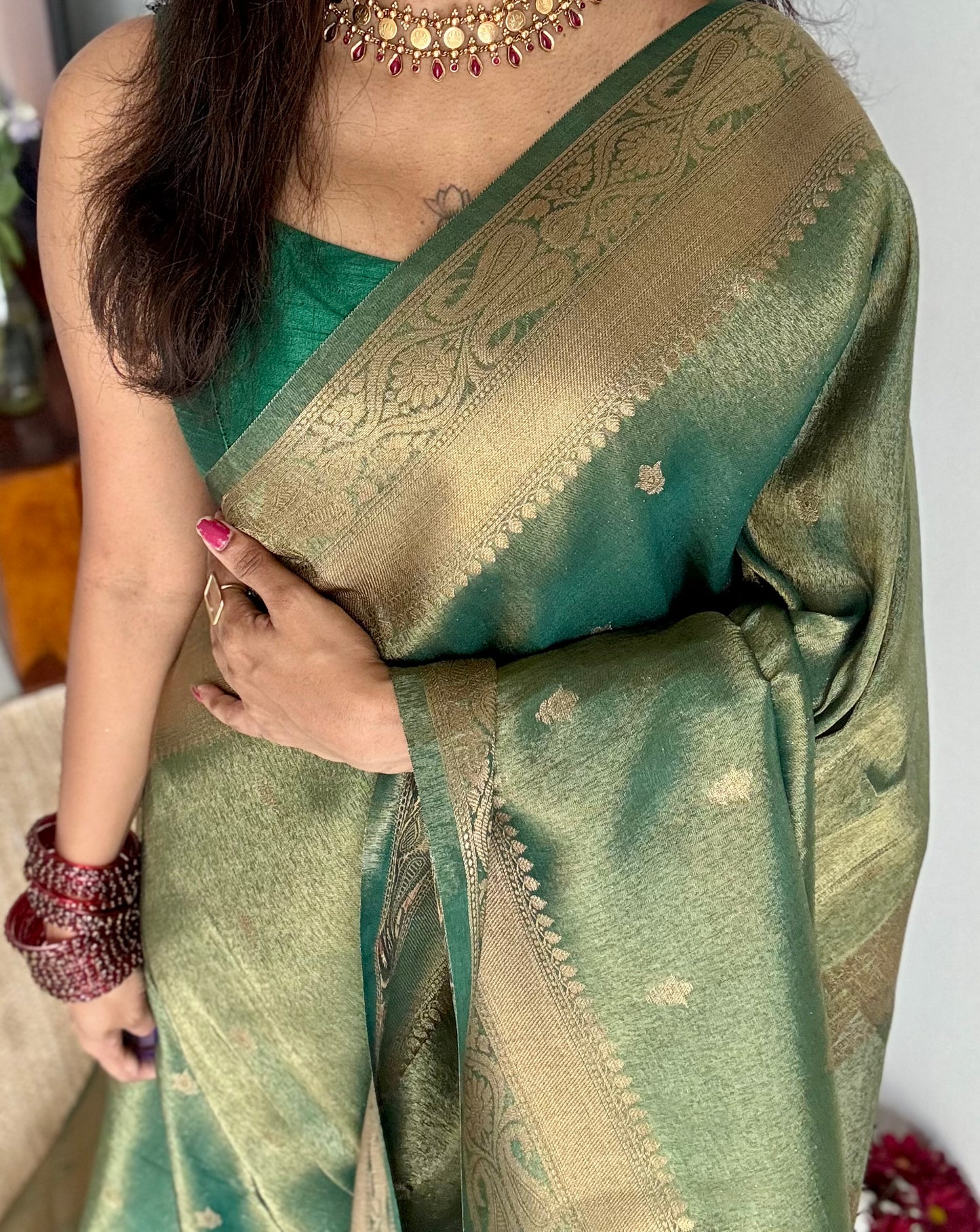Green with gold dual tone, Banarasi semi-silk - YCDESE07