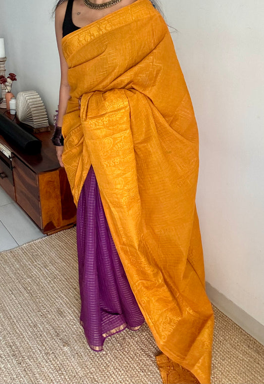 Turmeric yellow with purple, sungudi cotton half-half saree - YCCOTNIDMA316