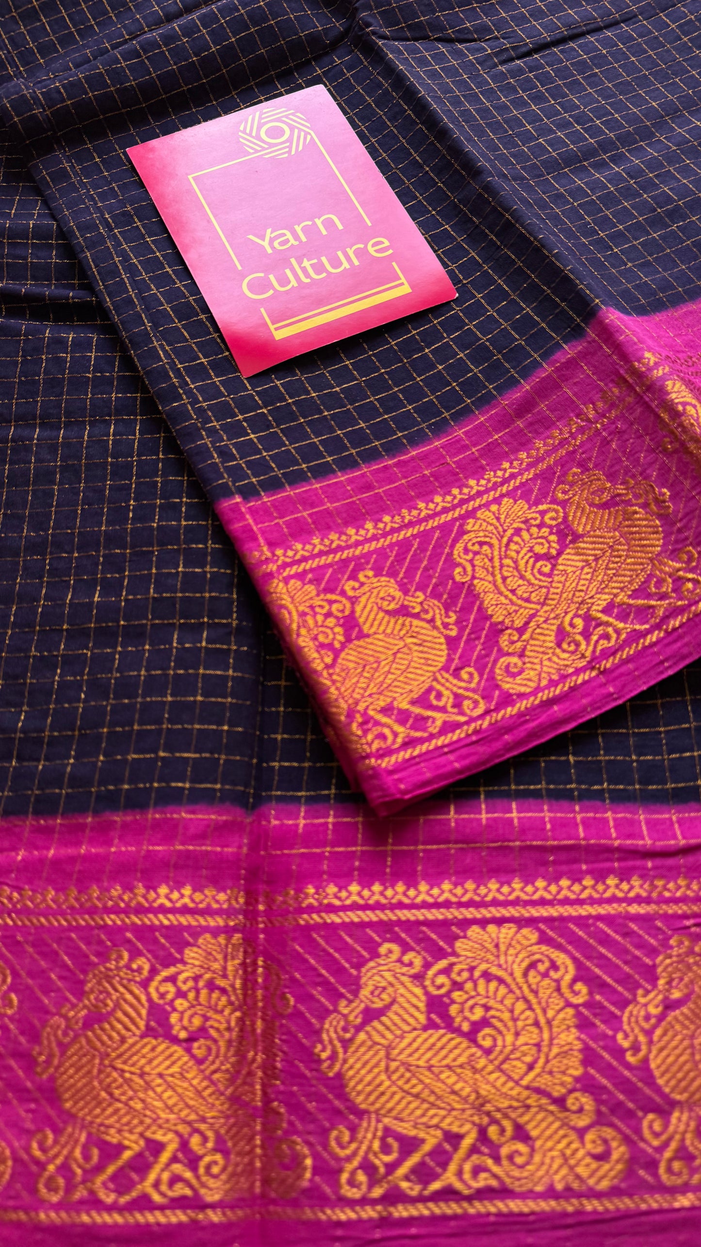 Dark blue with hot pink contrast zari checkered sungudi, kattuchayam dyed madurai cotton - YCCOTNMSAP194