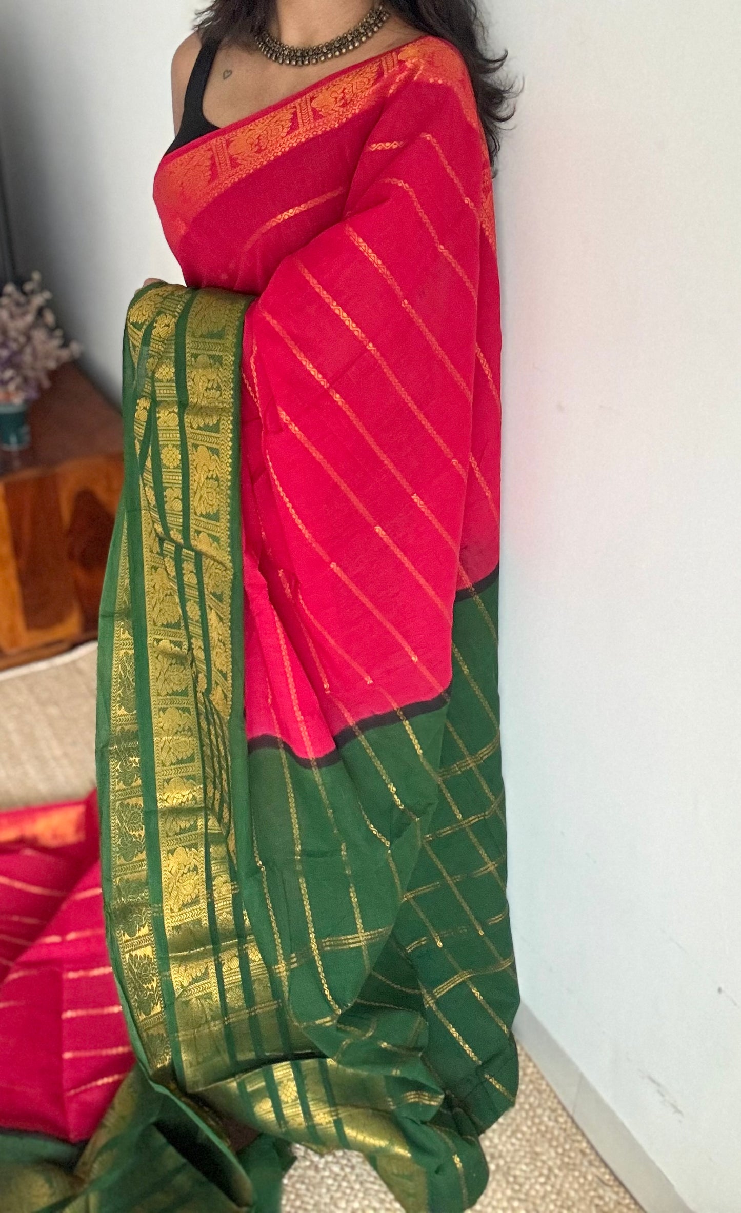 Reddish pink with green, peacock rudraksham motif, single side broad zari - madurai kattuchayam dyed -YCCOTNAURS19